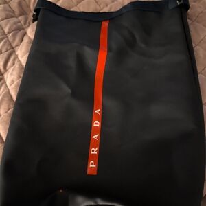 Prada Black Tote with Red Vertical Logo Stripe